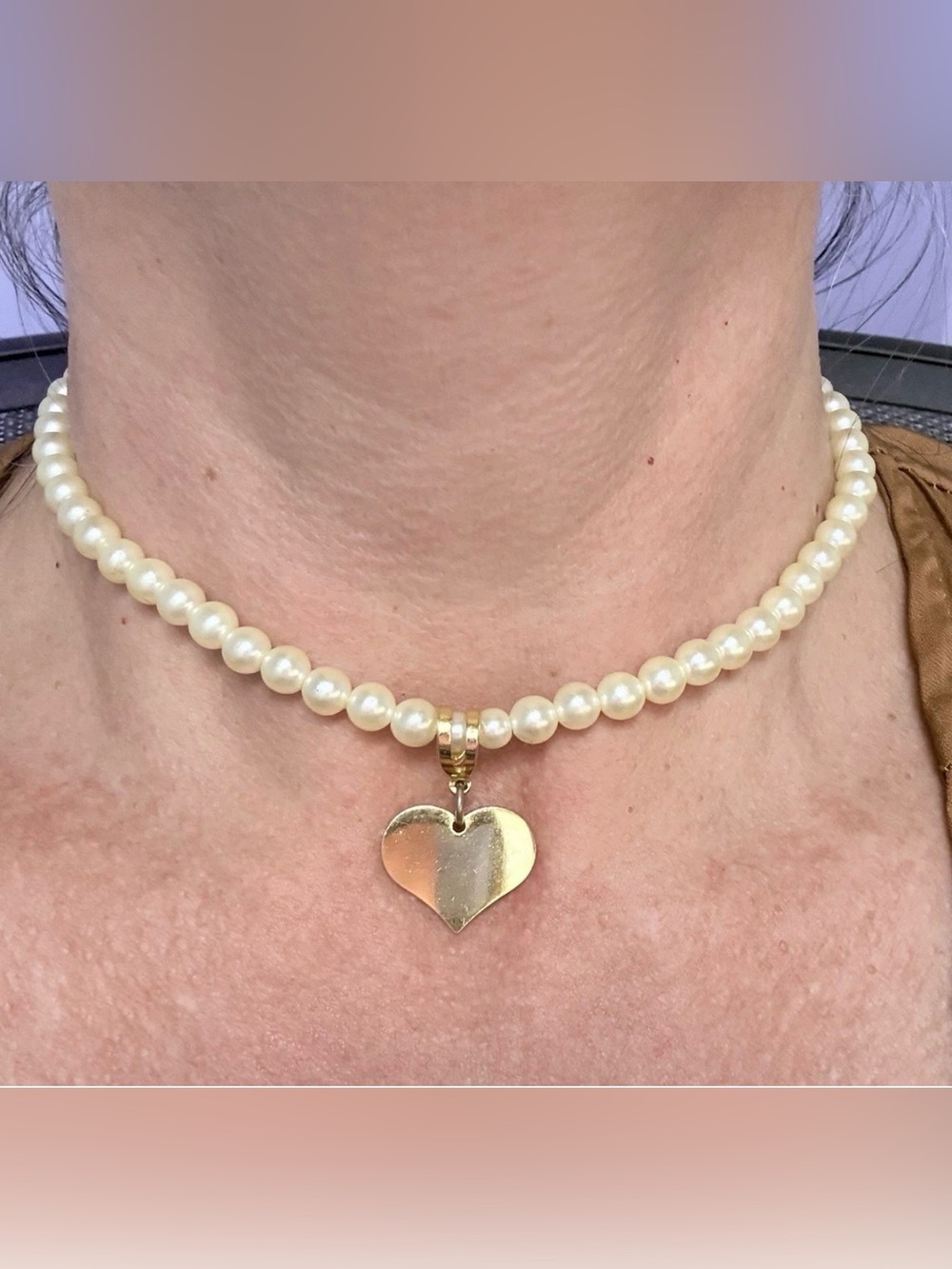 Romantic Gold Heart Cream Pearl Necklace • Coquette 14” Choker with Extender